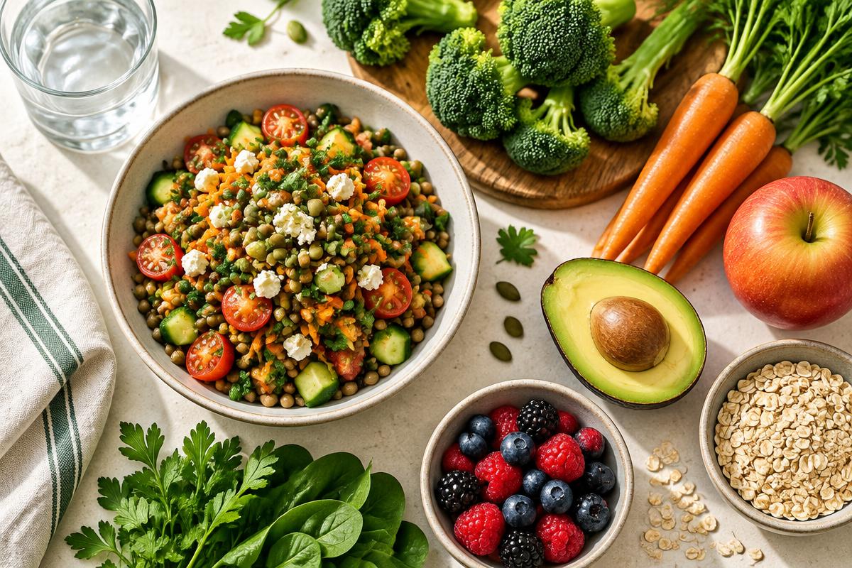 Frische Lebensmittel: Linsensalat, Gemüse, Beeren und Haferflocken